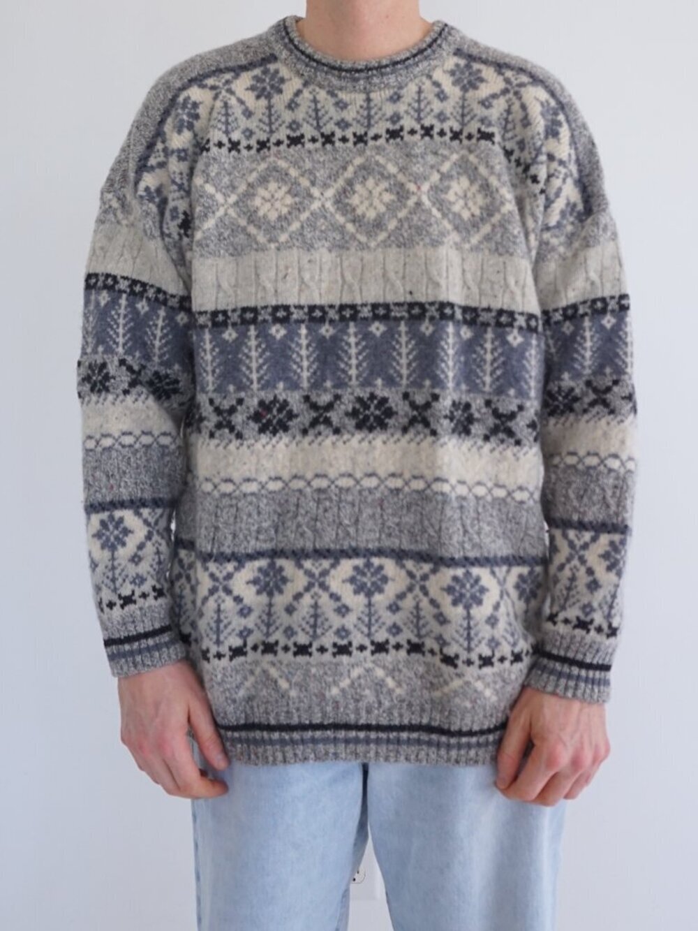 Vintage Clan Royal Grey Cream Nordic Snowflake Fair Isle Wool Sweater Scotland L